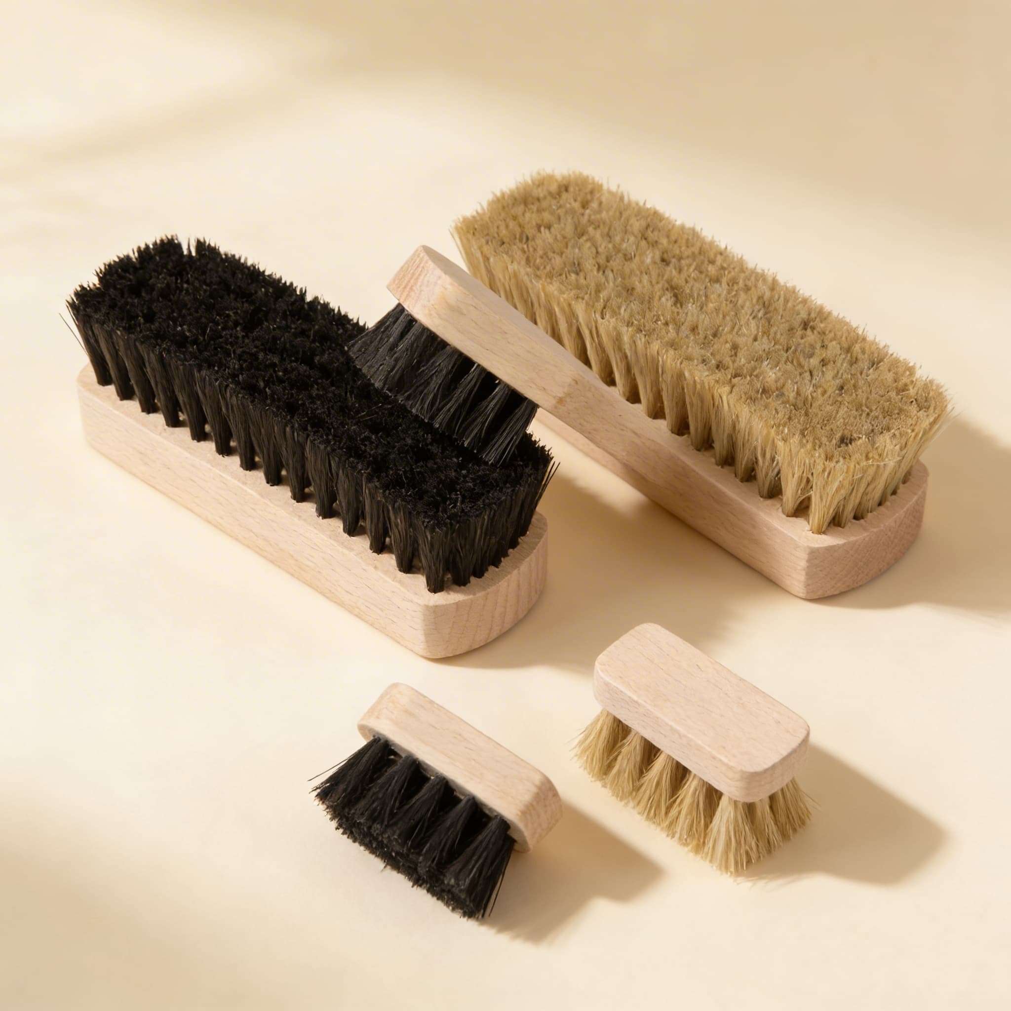 Schuhputz-Bürstensatz — vier spezialisierte Bürsten für Pflegeaktivitäten — Seitenansicht