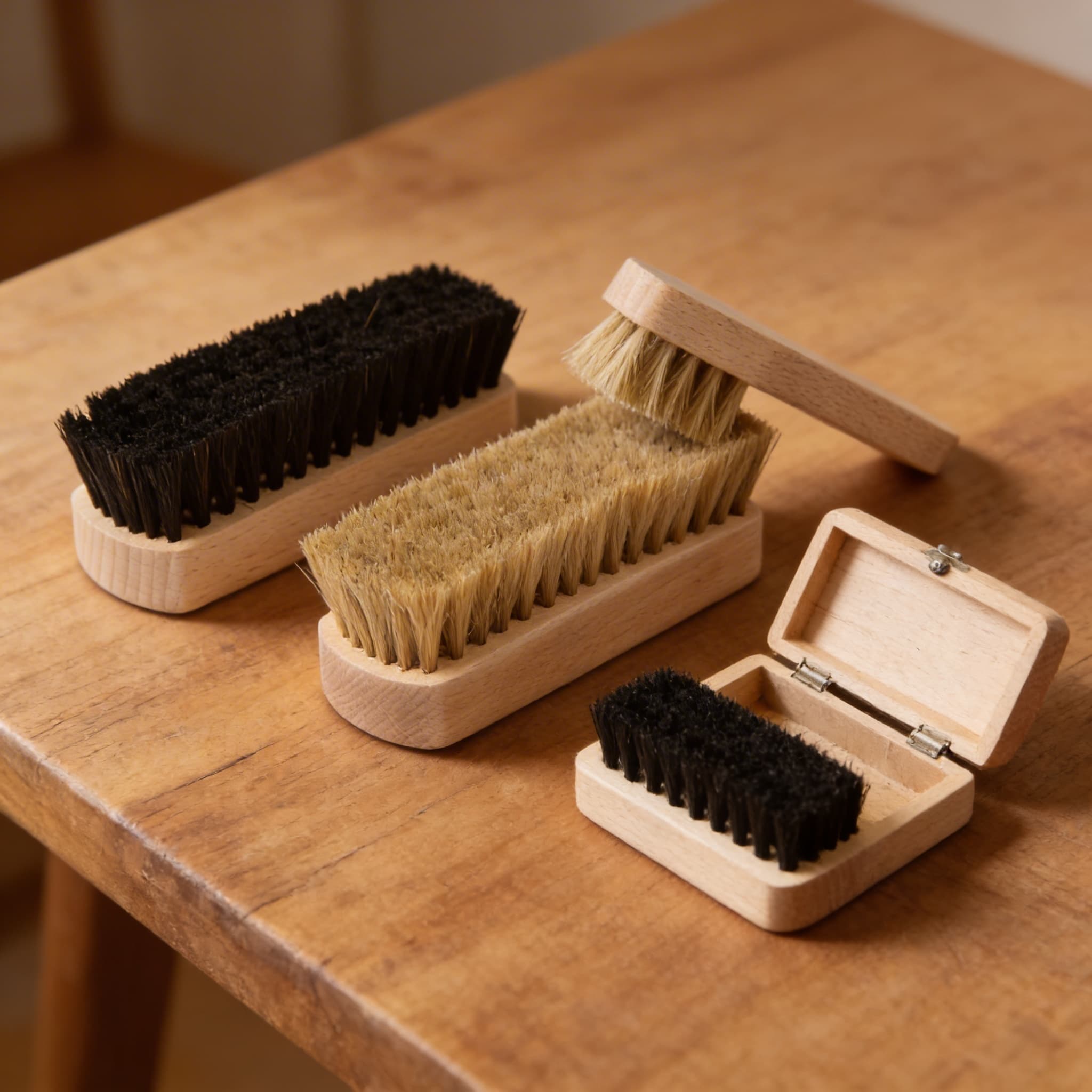 Schuhputz-Bürstensatz — vier spezialisierte Bürsten für Pflegeaktivitäten — Detailansicht