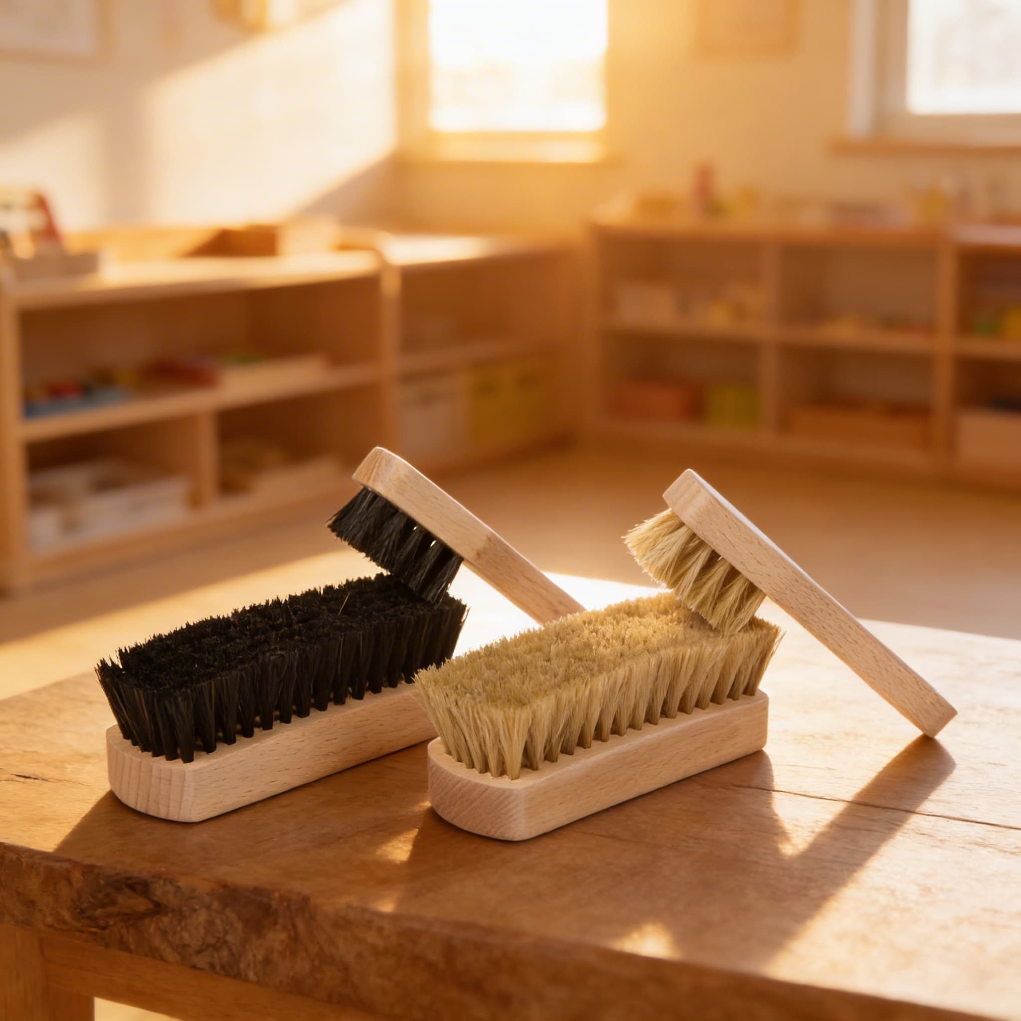 Schuhputz-Bürstensatz — vier spezialisierte Bürsten für Pflegeaktivitäten — Im Einsatz