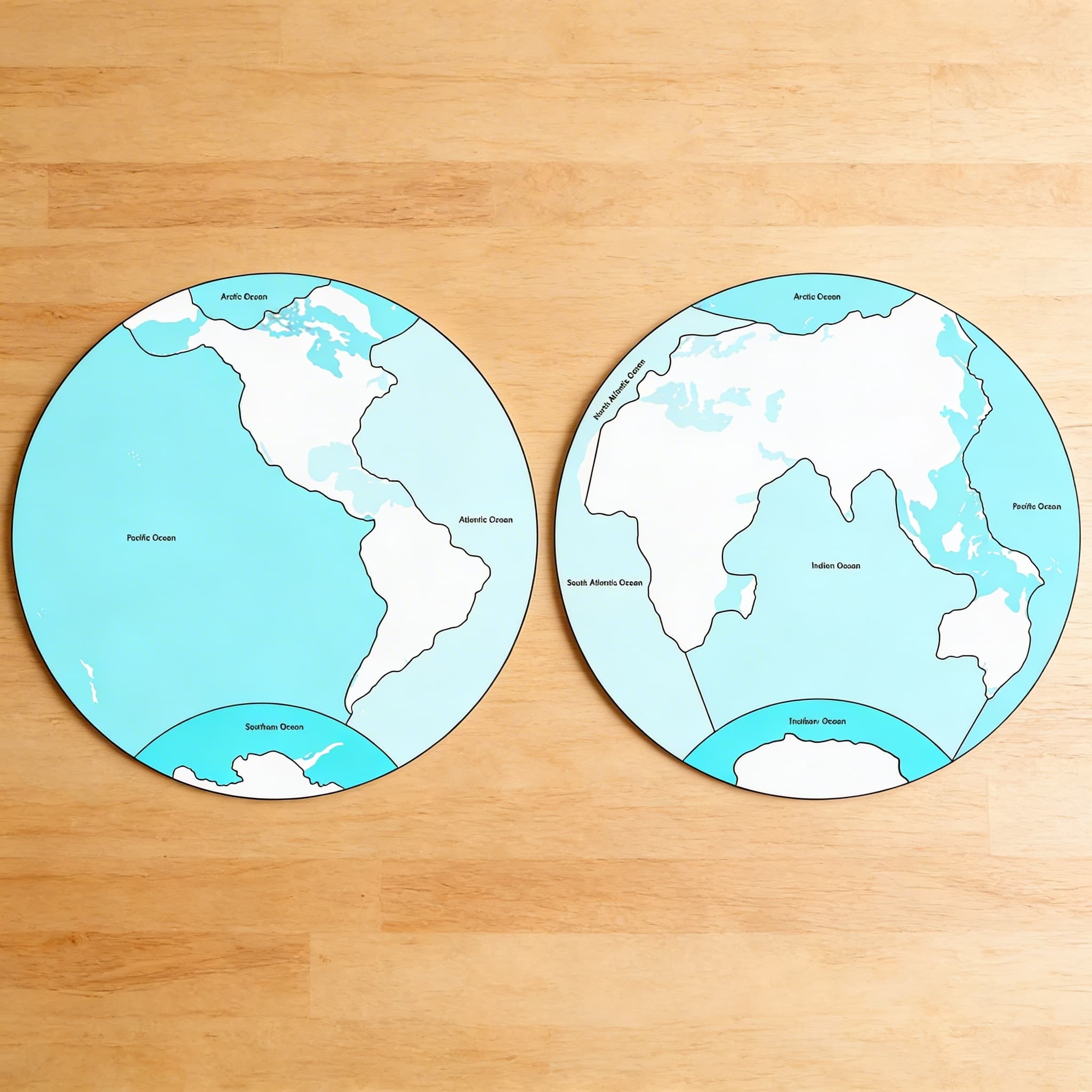 Kontrolní mapa oceánů: s popisky — Boční pohled