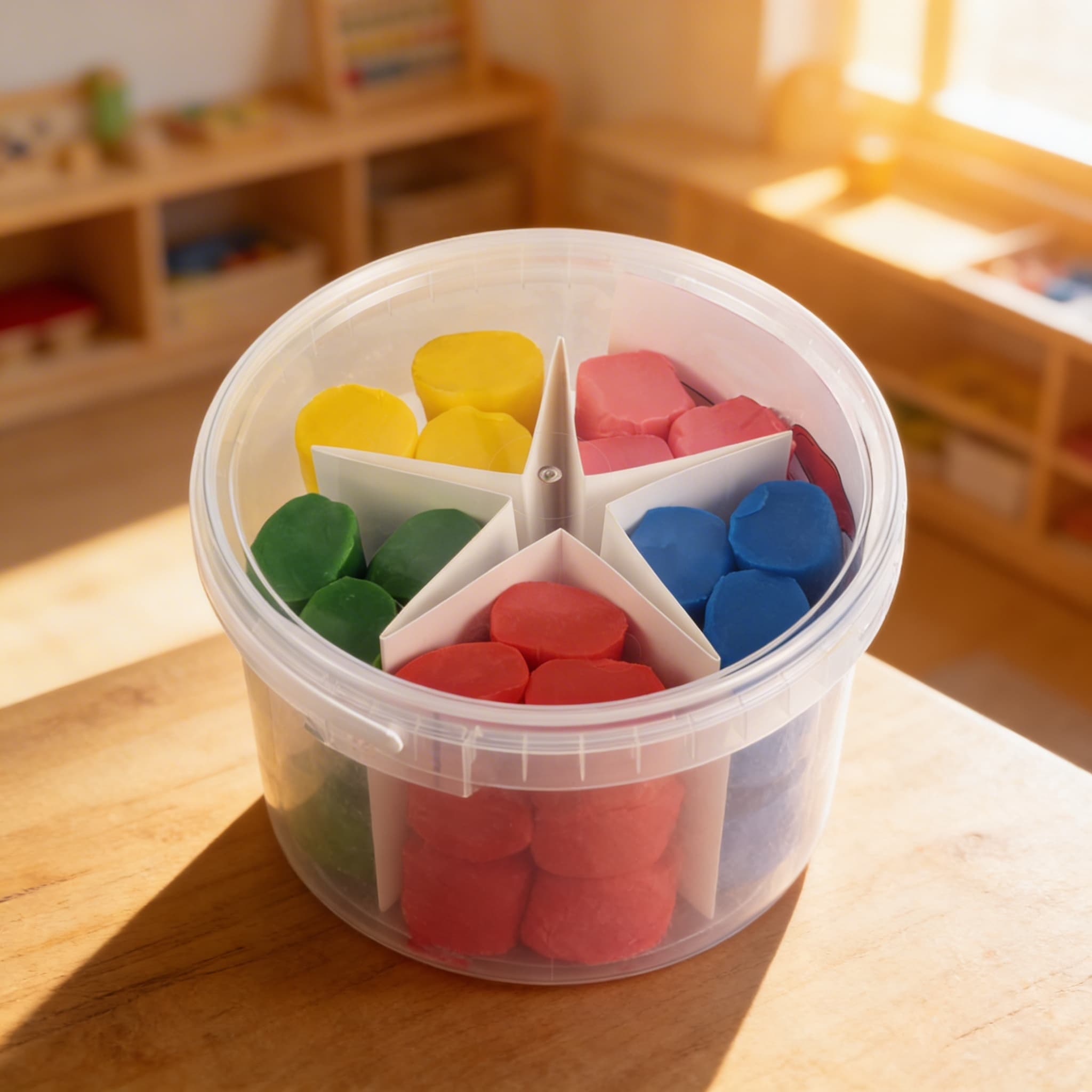Knetmasse-Set — Fünf Farben im Stern-geteilten Behälter — Im Einsatz