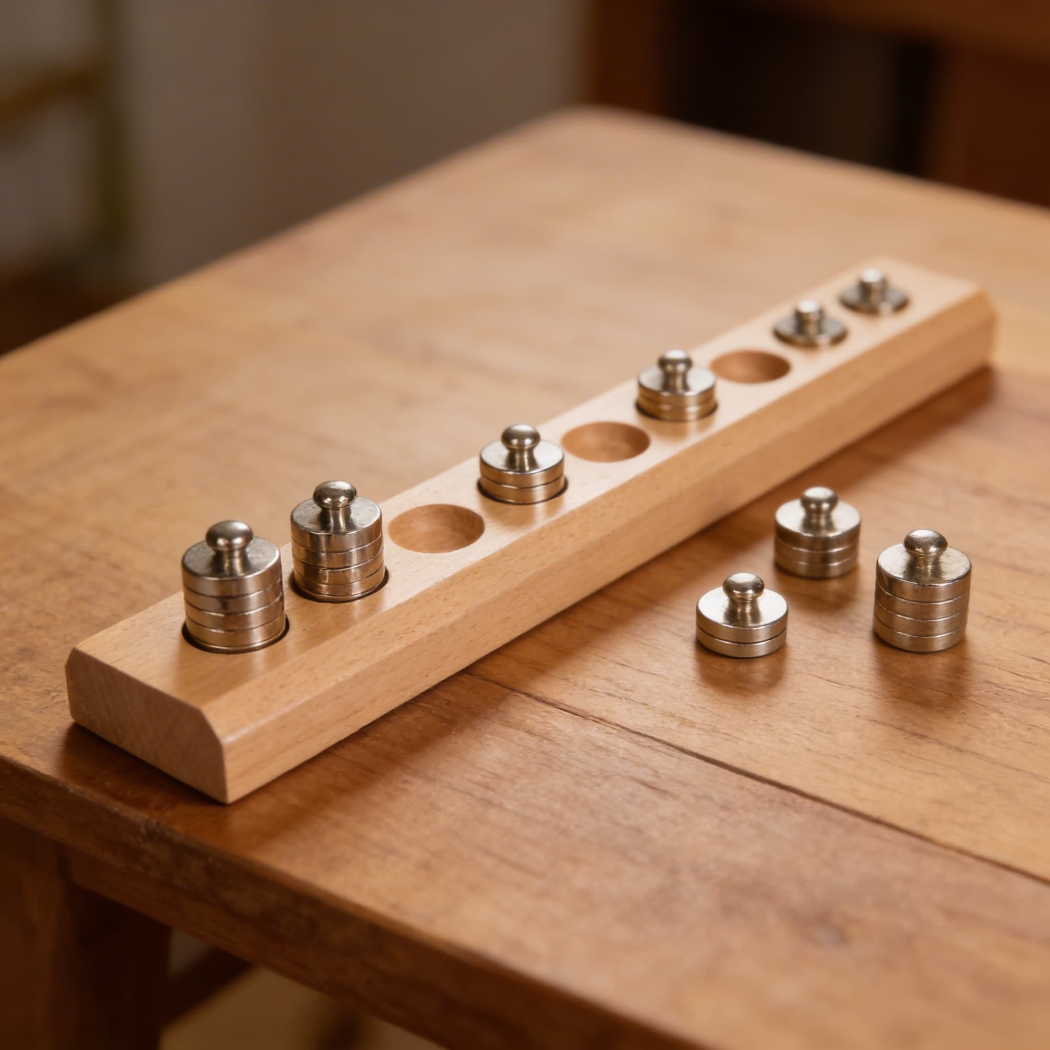 10 Gewichte im Holzaufbewahrungsblock — Detailansicht