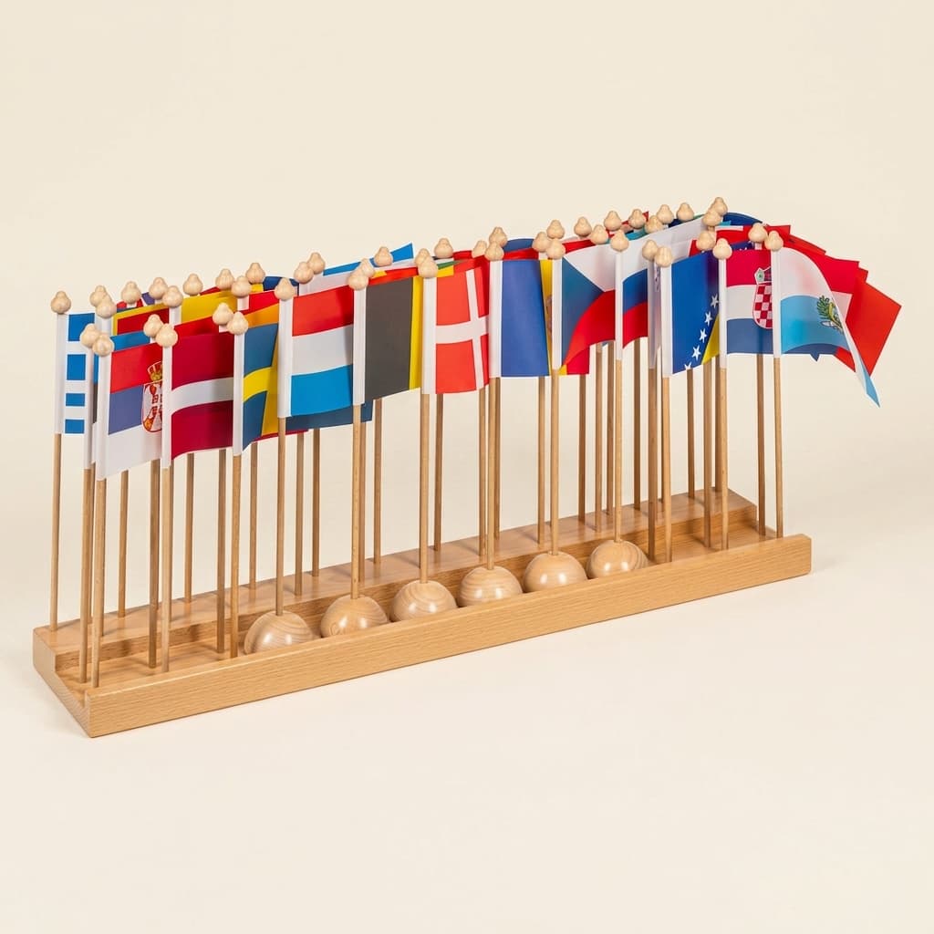 Flaggenständer Europa: Holzdisplay für europäische Geographie - Montessori Material | Faborino