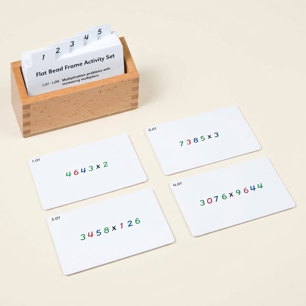 Flacher Perlenrahmen Aktivitätensatz: Multiplikations-Übungskarten - Montessori Material | Faborino