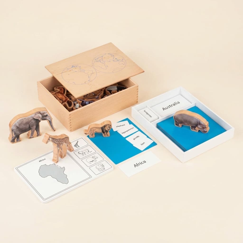 Kontinentale Tiere-Box: Geographie und Zoologie Zuordnung - Montessori Material | Faborino