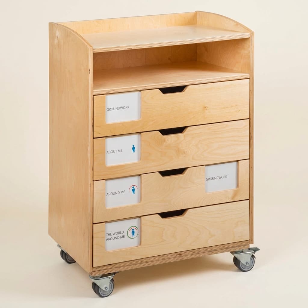 Mobile Englisch-Schrank: 4 Schubladen mit offenem Fach auf Rollen - Montessori Material | Faborino