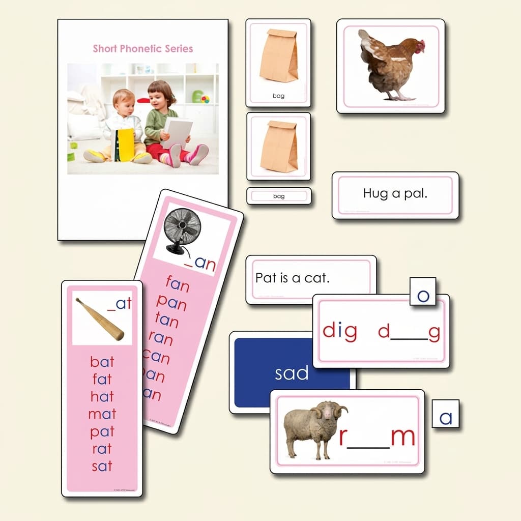 Rosa Phonetik-Serie: Erstes Lesen mit kurzen Wörtern - Montessori Material | Faborino
