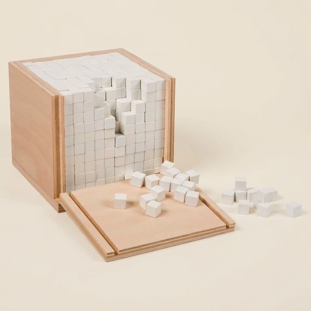 Volumenbox: 1000 Einheitswürfel mit verschiebbarer Demonstrationslade - Montessori Material | Faborino