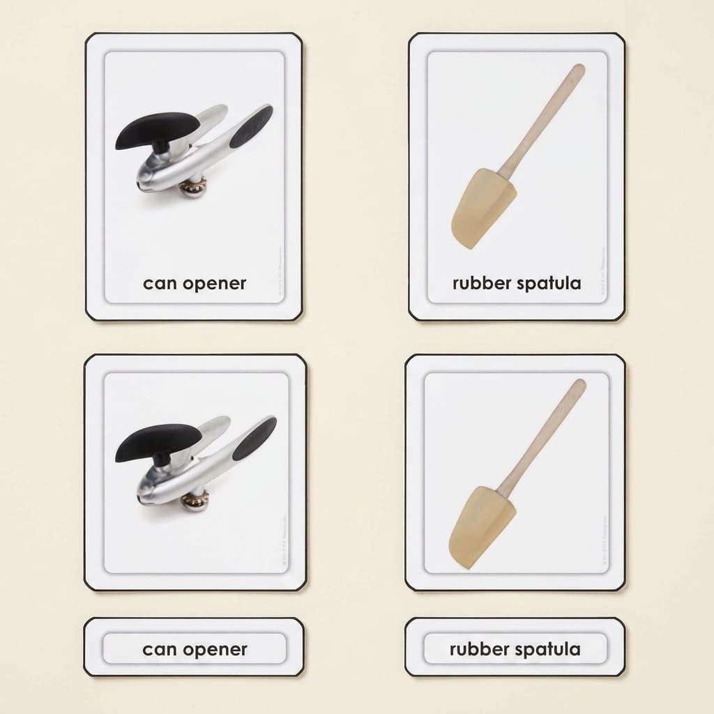 Küchenutensilien: 3-teilige Karten - Montessori Material | Faborino