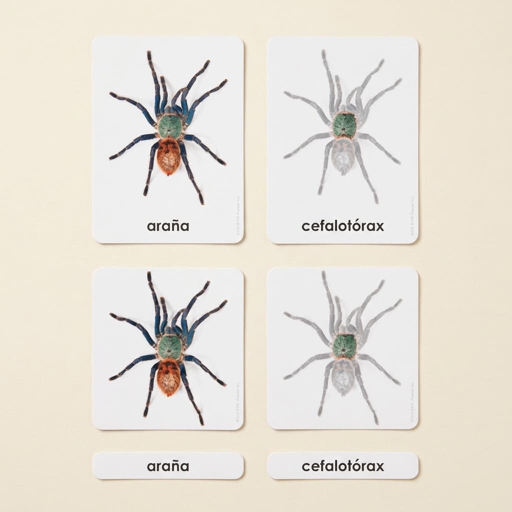 Teile der Spinne: Zoologiekarten (Spanisch) - Montessori Material | Faborino