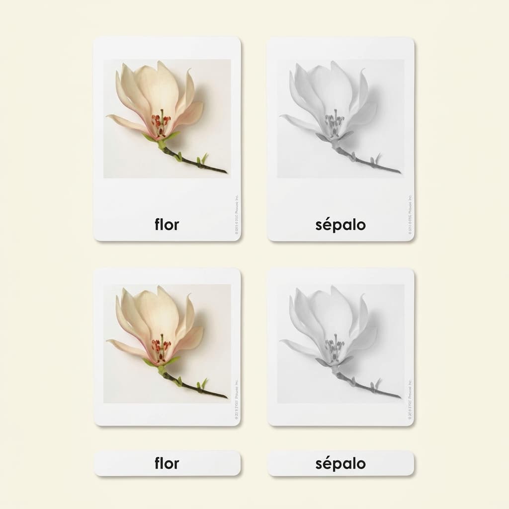 Teile der Blüte: Botanikkarten (Spanisch) - Montessori Material | Faborino