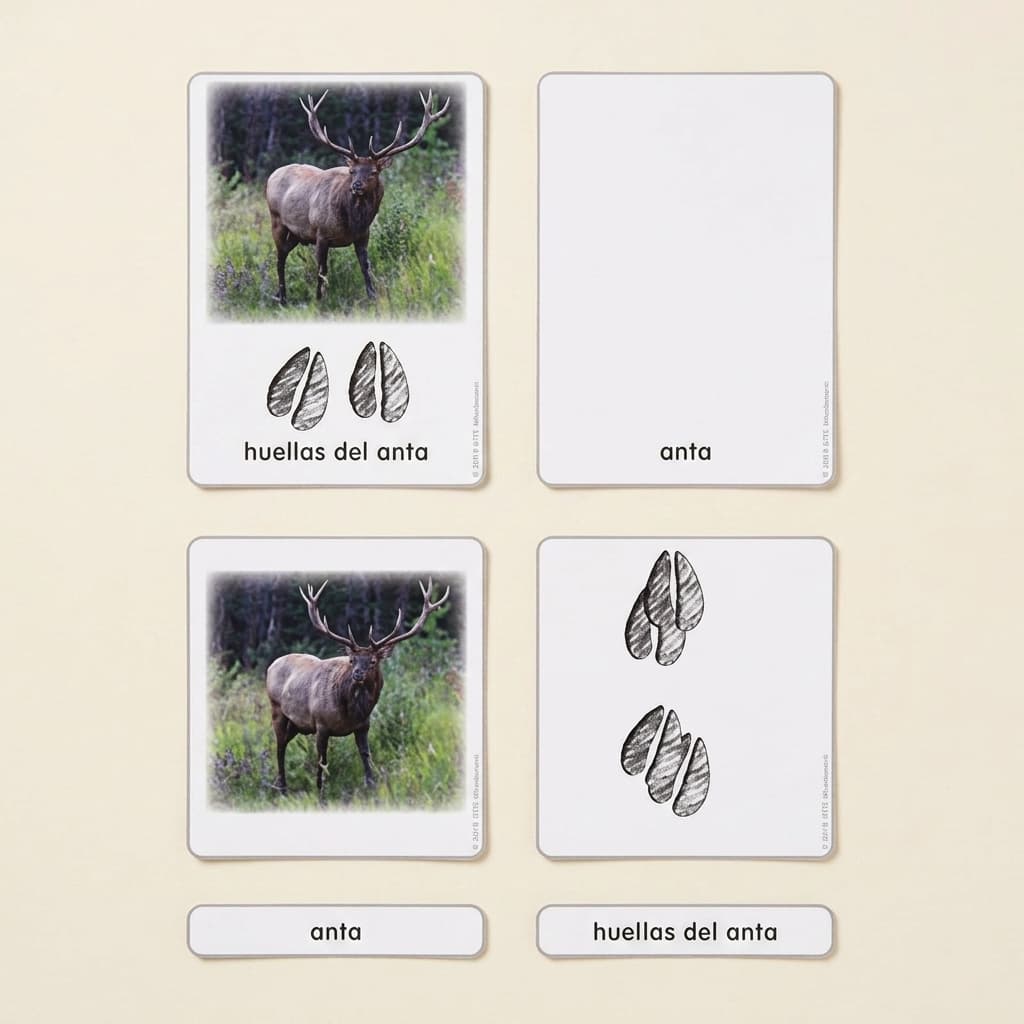 Nordamerikanische Tierspuren: Aktivitätskarten (Spanisch) - Montessori Material | Faborino