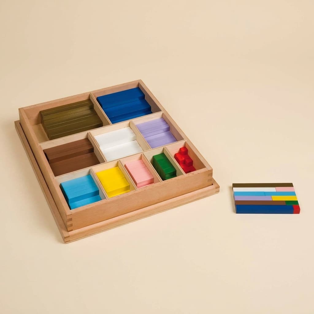 Farebné počítacie tyče: Desať drevených tyčí na matematiku - Montessori Material | Faborino