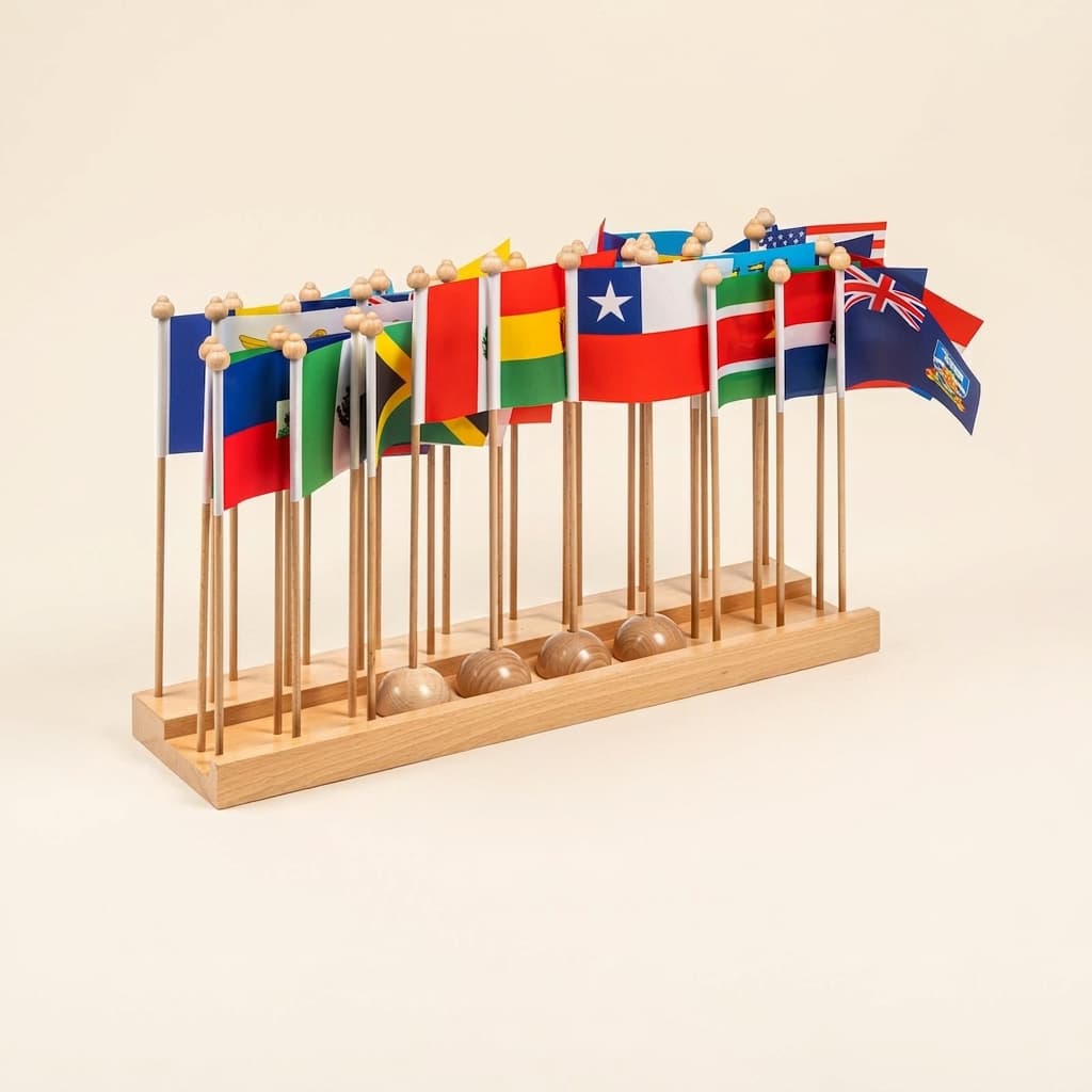Stojan s vlajkami Ameriky: Severná a Južná Amerika bez Karibiku - Montessori Material | Faborino