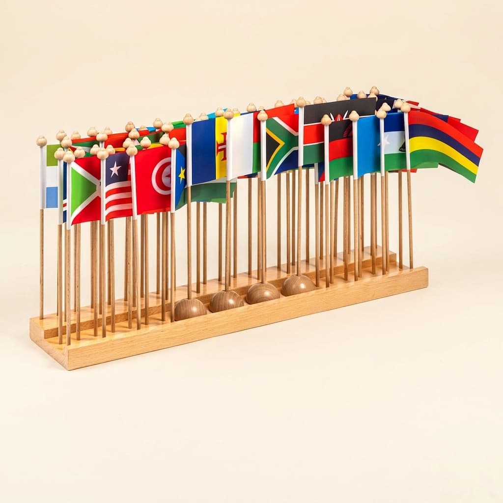 Stojan pre africké vlajky: rozpoznávanie krajín a umiesťovanie - Montessori Material | Faborino