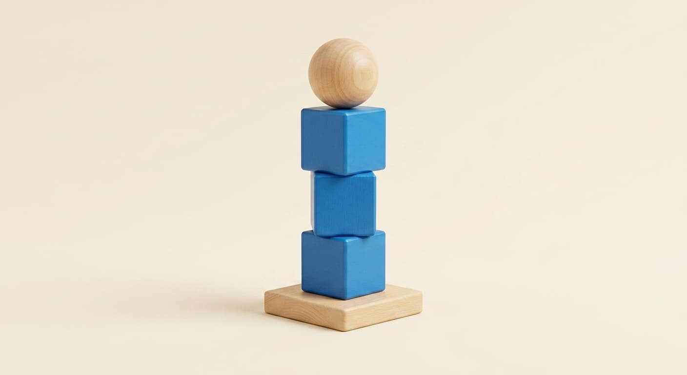 Stohovací tyč s kostkami: Tři modré kostky s dřevěnou koulí - Montessori Material | Faborino