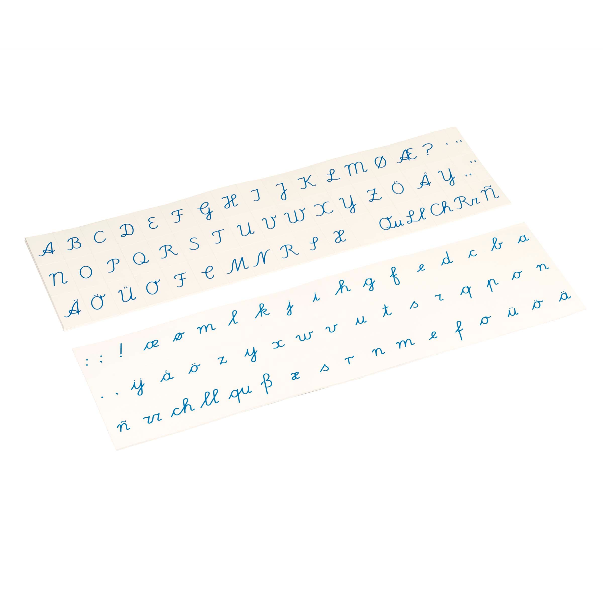 Printed Alphabet: International Cursive - Blue — Montessori Material | Faborino