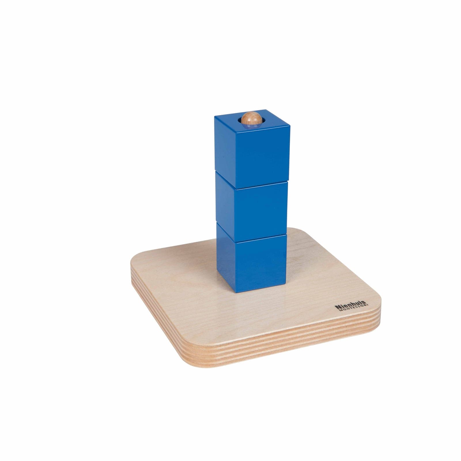Cube Stacking Dowel — Three Blue Cubes with Wooden Sphere — View 1