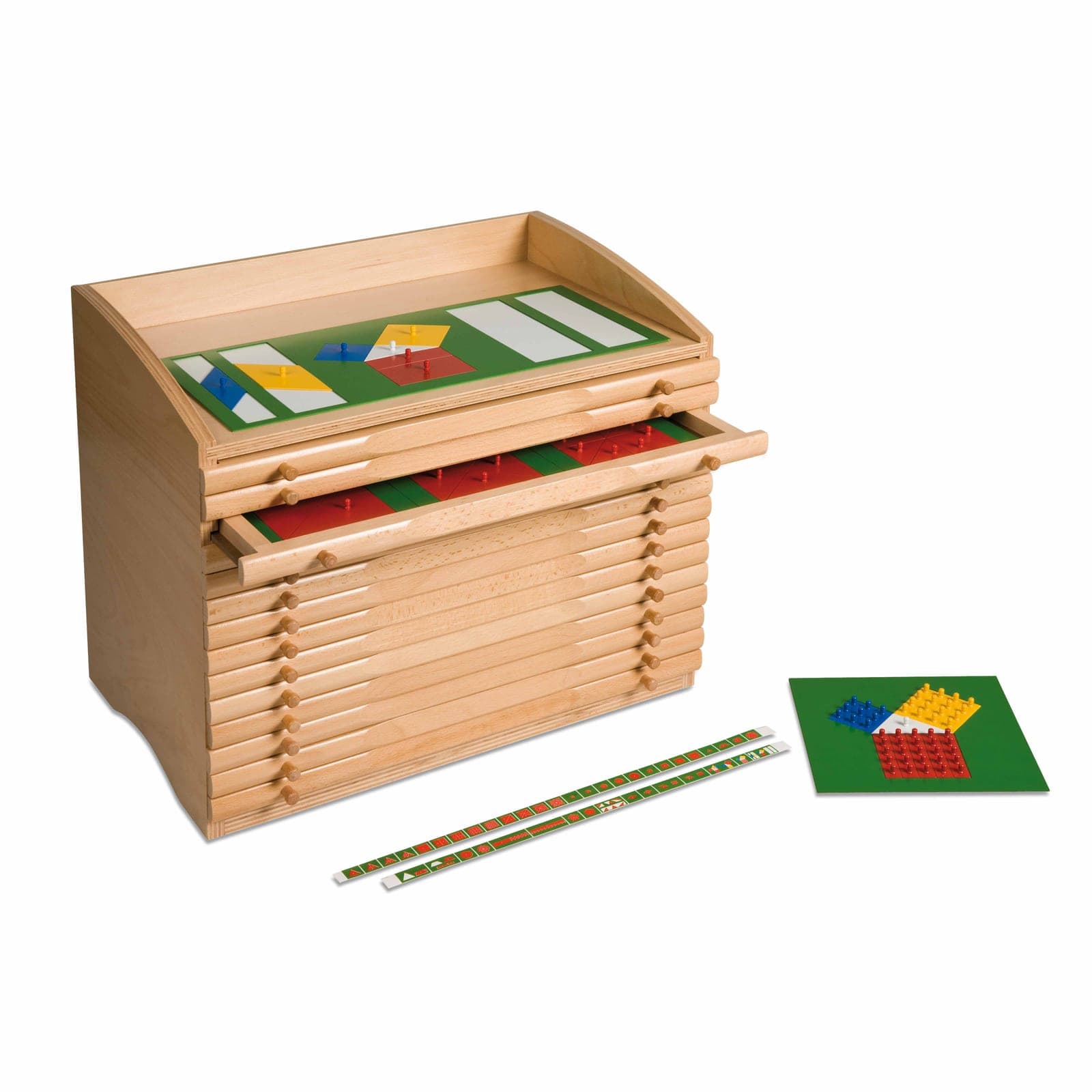 Skříň na zlomky — deset zásuvek se systematickými vklady — Montessori Material | Faborino