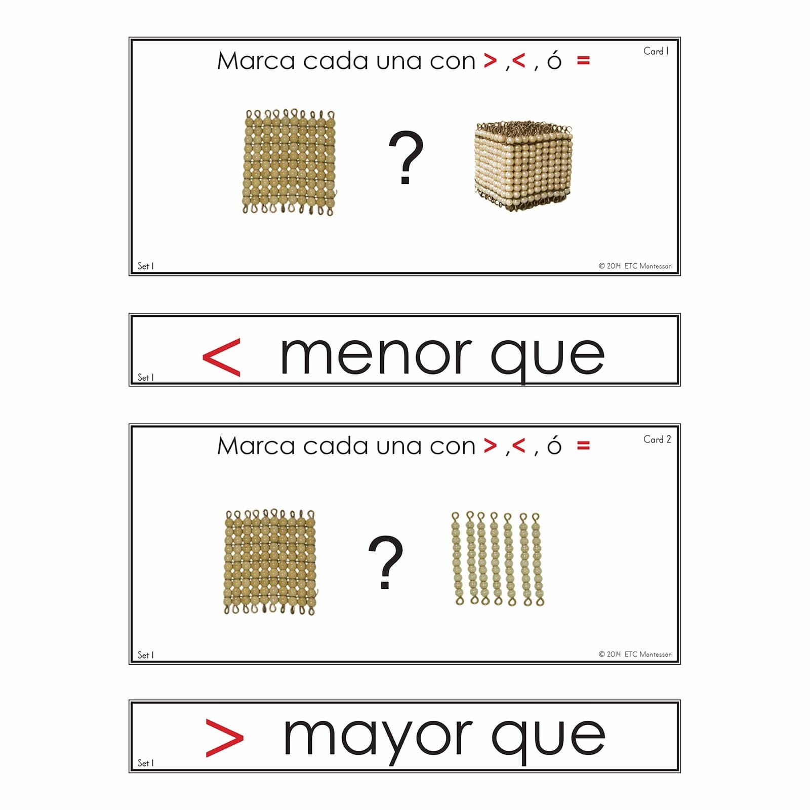 Igual A-Mayor Que-Menor Perlas Doradas — Montessori Material | Faborino
