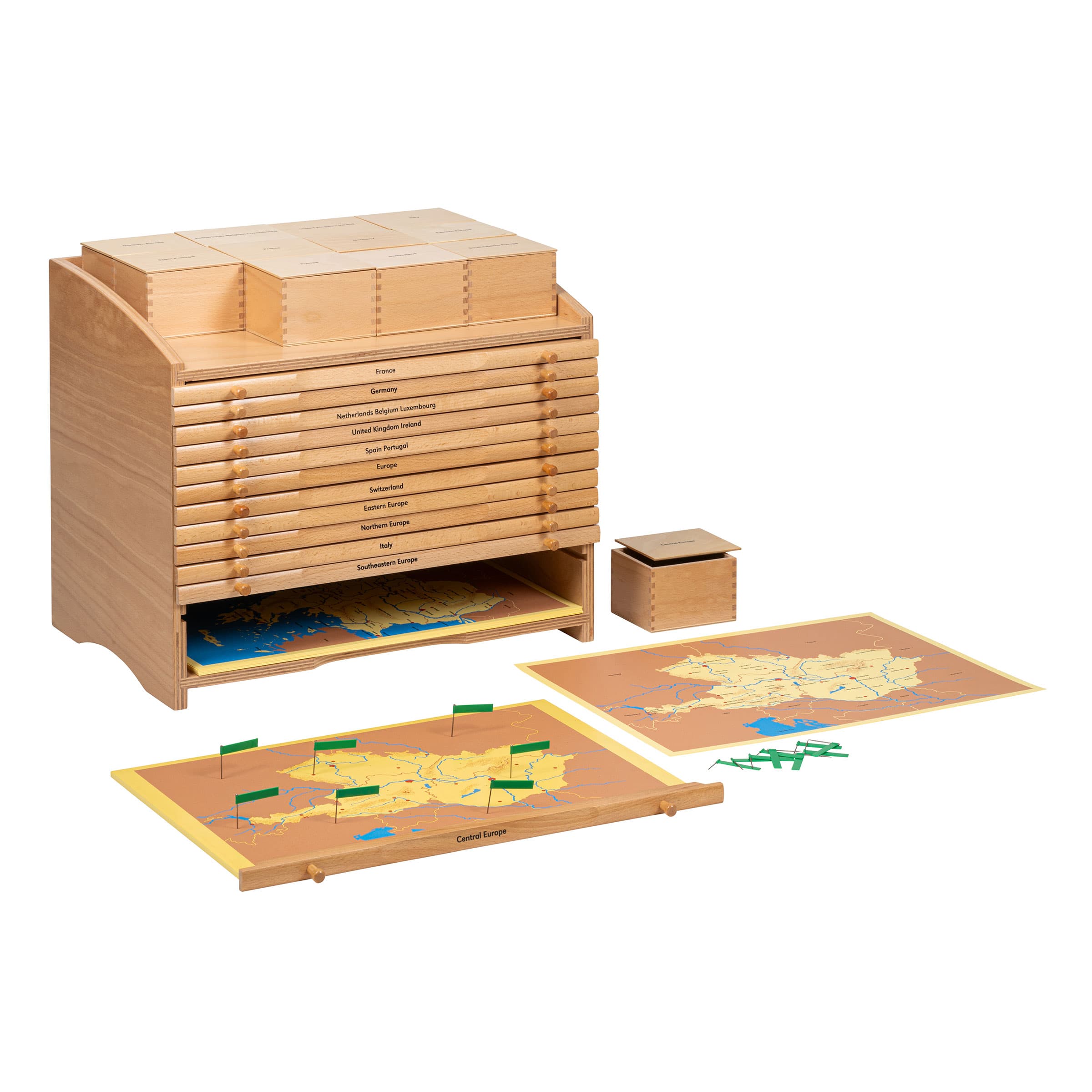 Europa-Geografie-Schrank — Aufbewahrung für Puzzlekarte & Materialien — Katalogansicht