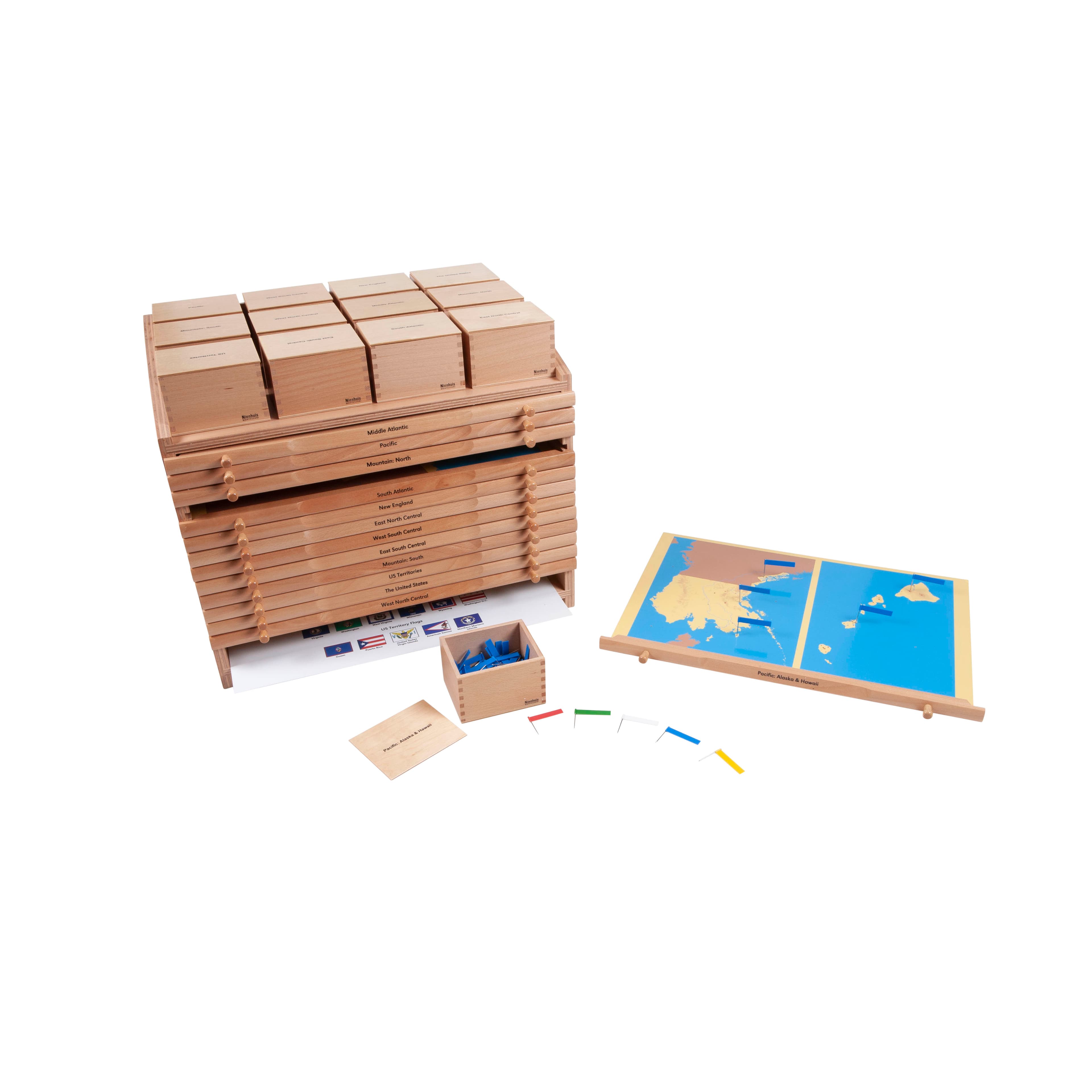 USA-Geografie-Schrank — Aufbewahrung für Puzzlekarte & Materialien — Katalogansicht