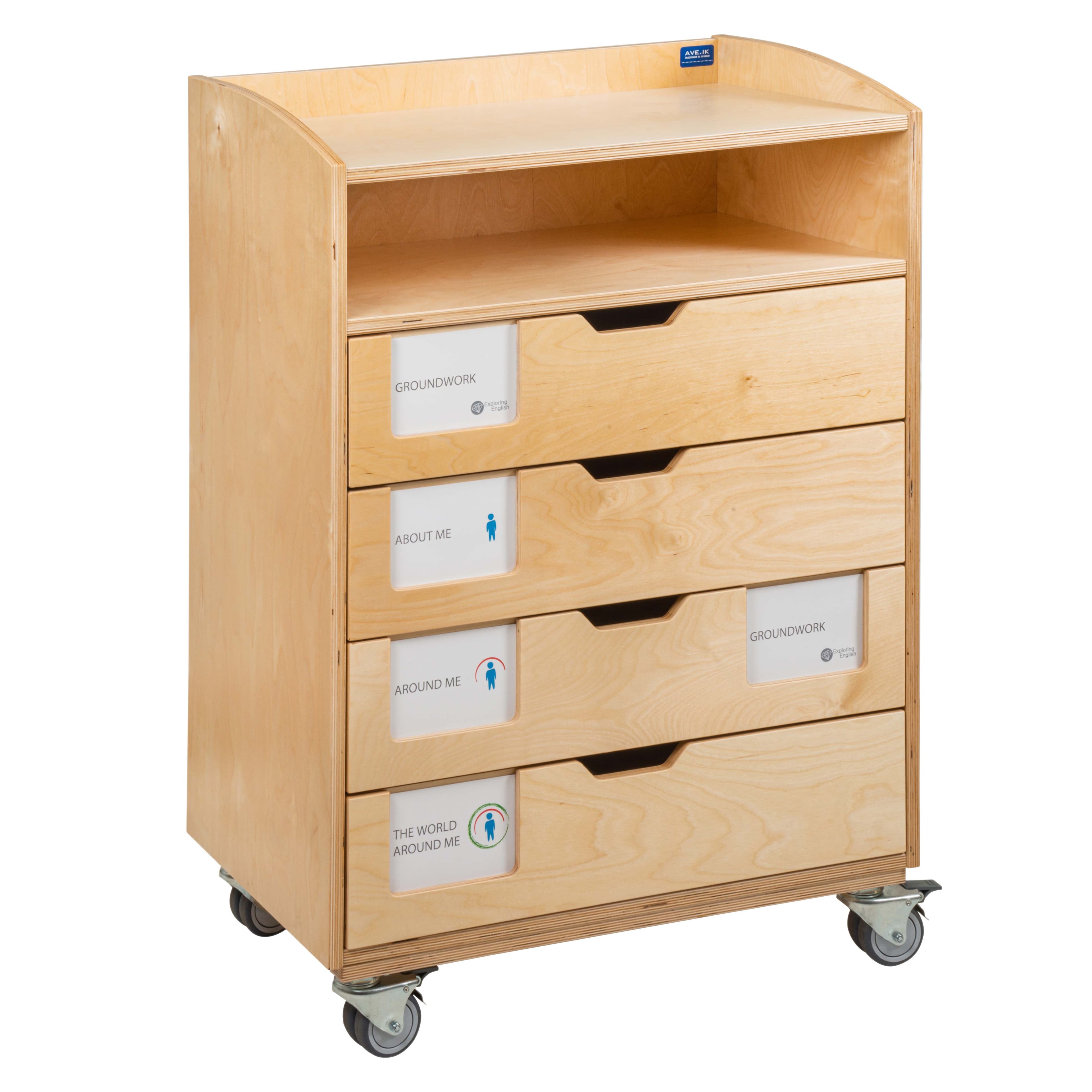 Mobile Englisch-Schrank — 4 Schubladen mit offenem Fach auf Rollen — Katalogansicht