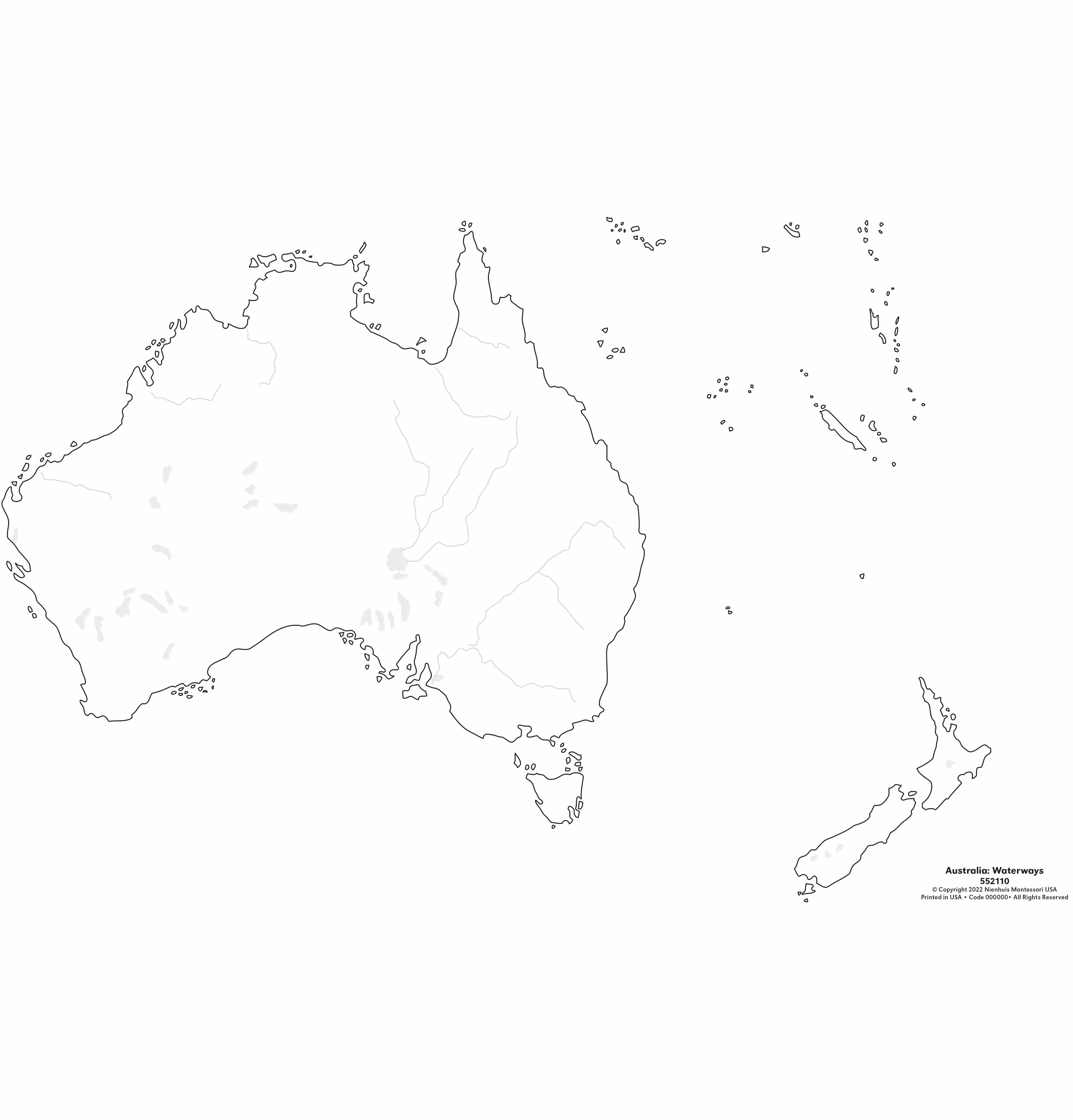 Australien: Wasserstraßenkarte — Beschriftete Kontrollkarte — Ansicht 1
