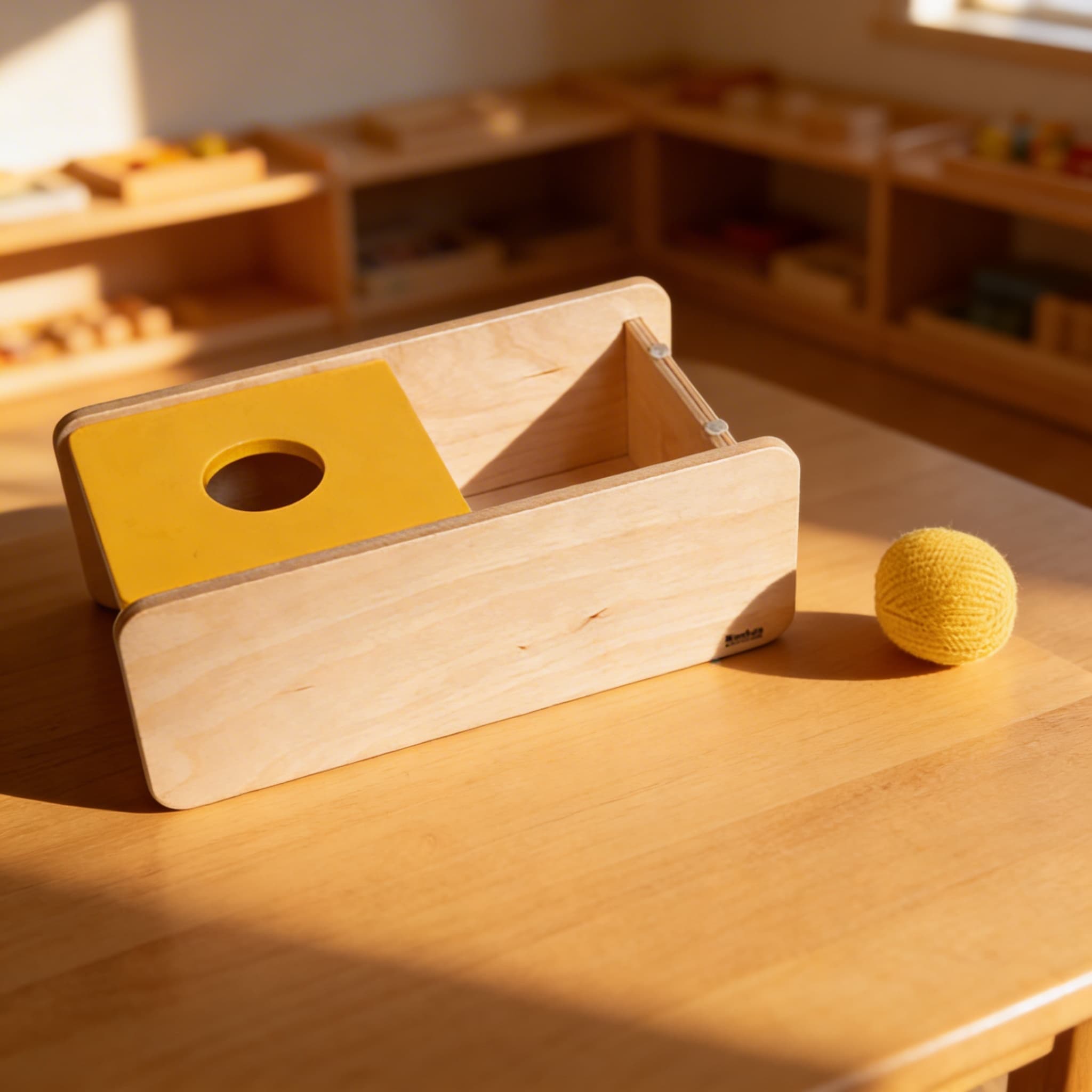 Imbucare Box with Flip Lid: Knit Ball Object Permanence Activity: Child learning