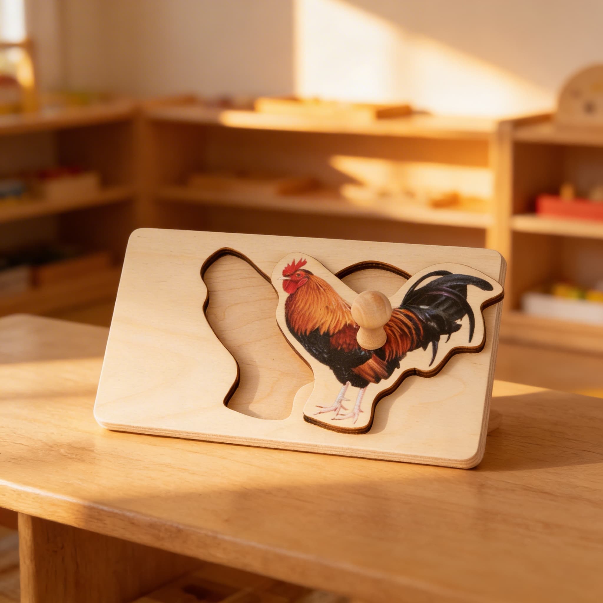 Kleinkind-Puzzle: Hahn — Kind beim Lernen