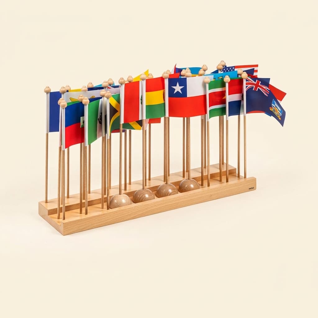 Stojan s vlajkami Ameriky: Severná a Južná Amerika bez Karibiku - Montessori Material | Faborino