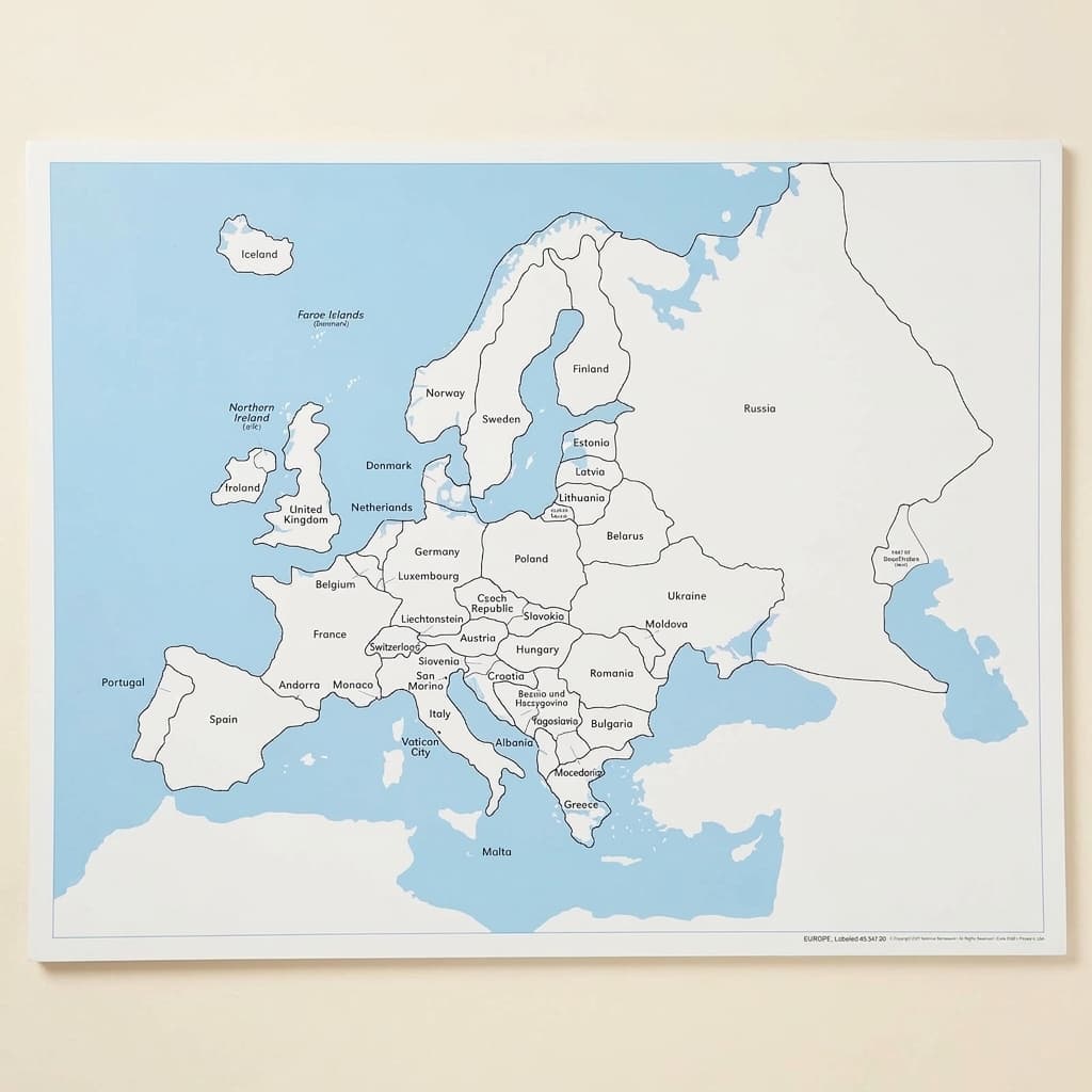 Kontrolná mapa Európy: s popismi - Montessori Material | Faborino