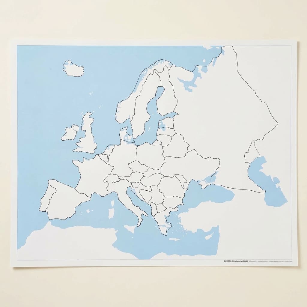 Kontrolná mapa Európy: bez popisov - Montessori Material | Faborino