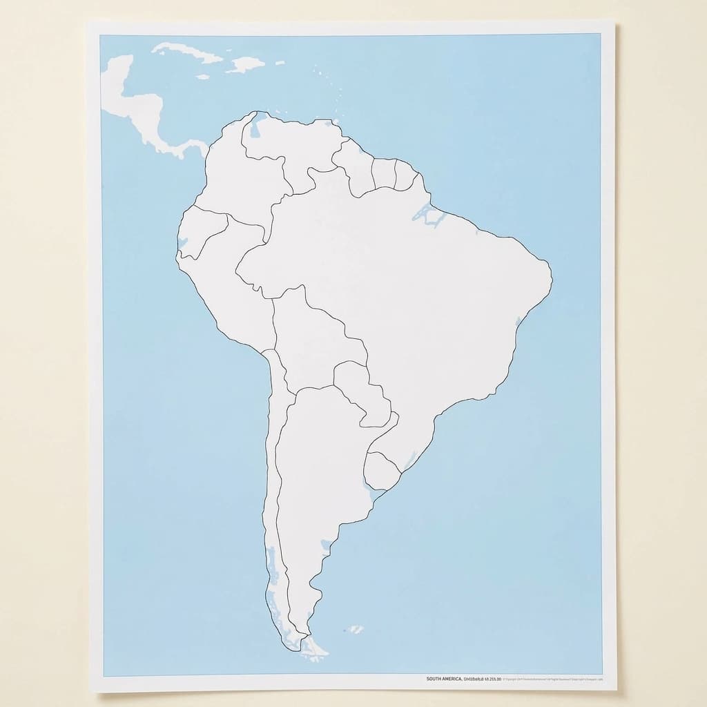 Kontrolná mapa Južnej Ameriky: bez popisov - Montessori Material | Faborino