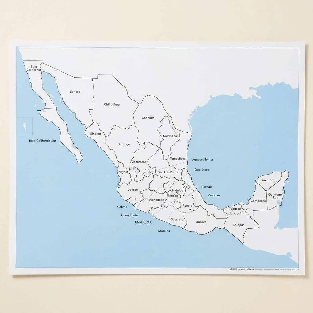 Kontrolná mapa Mexika: s popismi - Montessori Material | Faborino