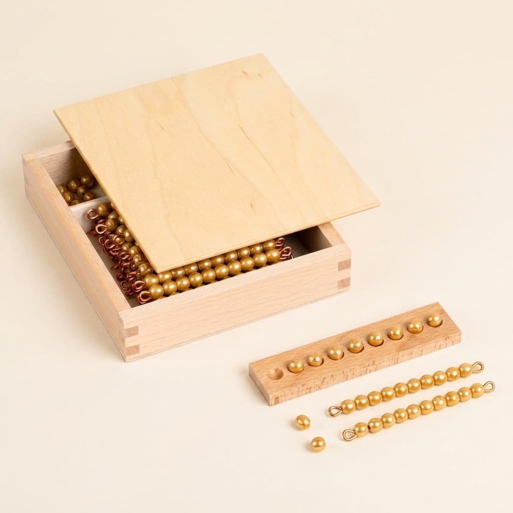 Box s desítkovými korálky: skleněné tyčinky pro desítkovou soustavu - Montessori Material | Faborino