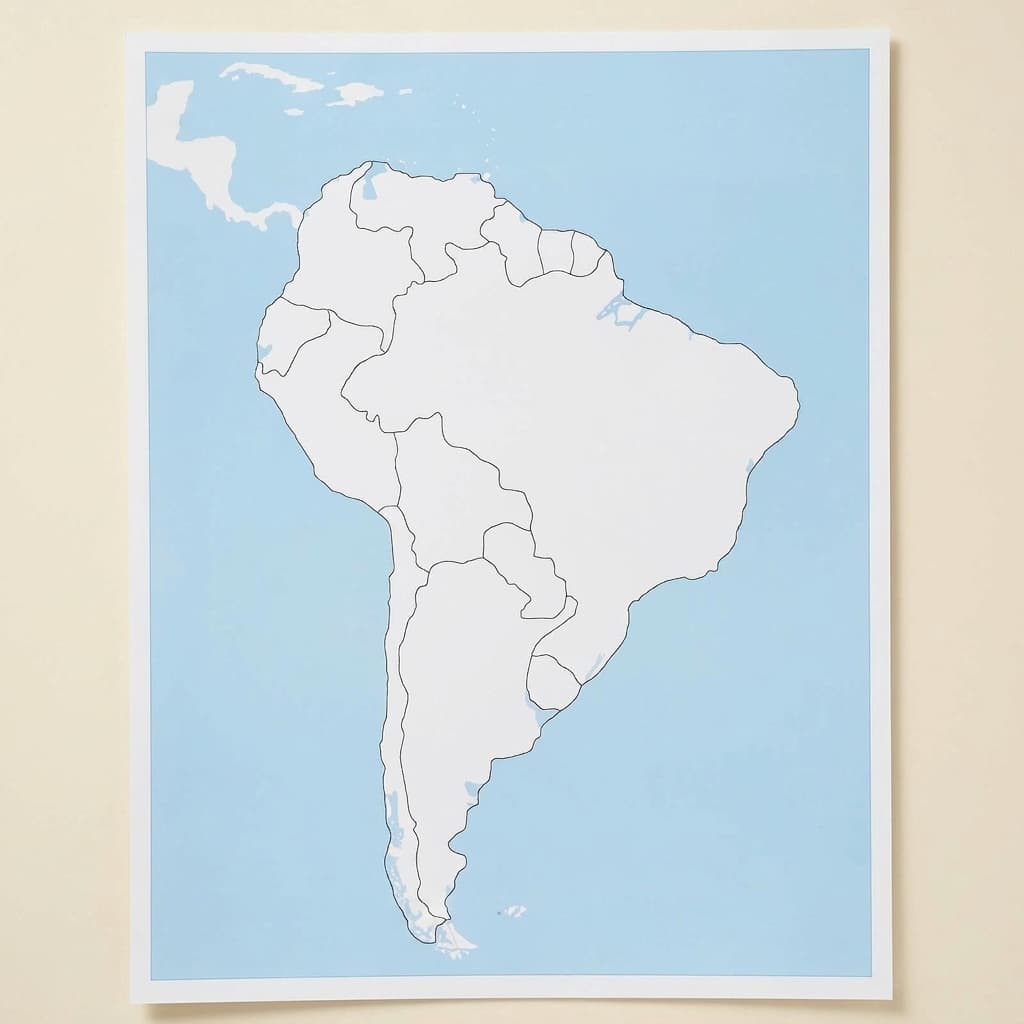 Kontrolná mapa Južnej Ameriky: bez popisov - Montessori Material | Faborino