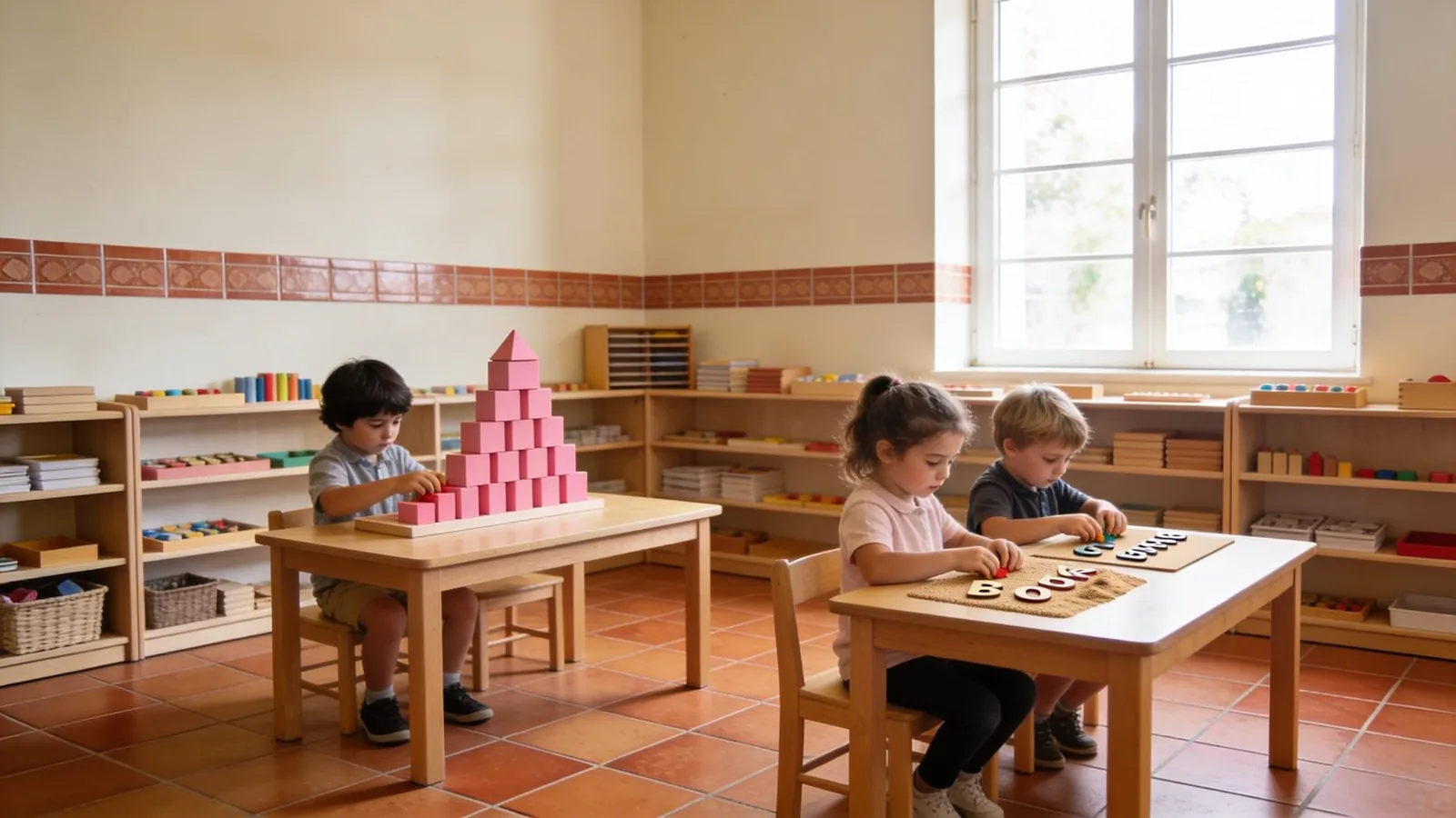 Deti v Montessori triede pri ružovej veži