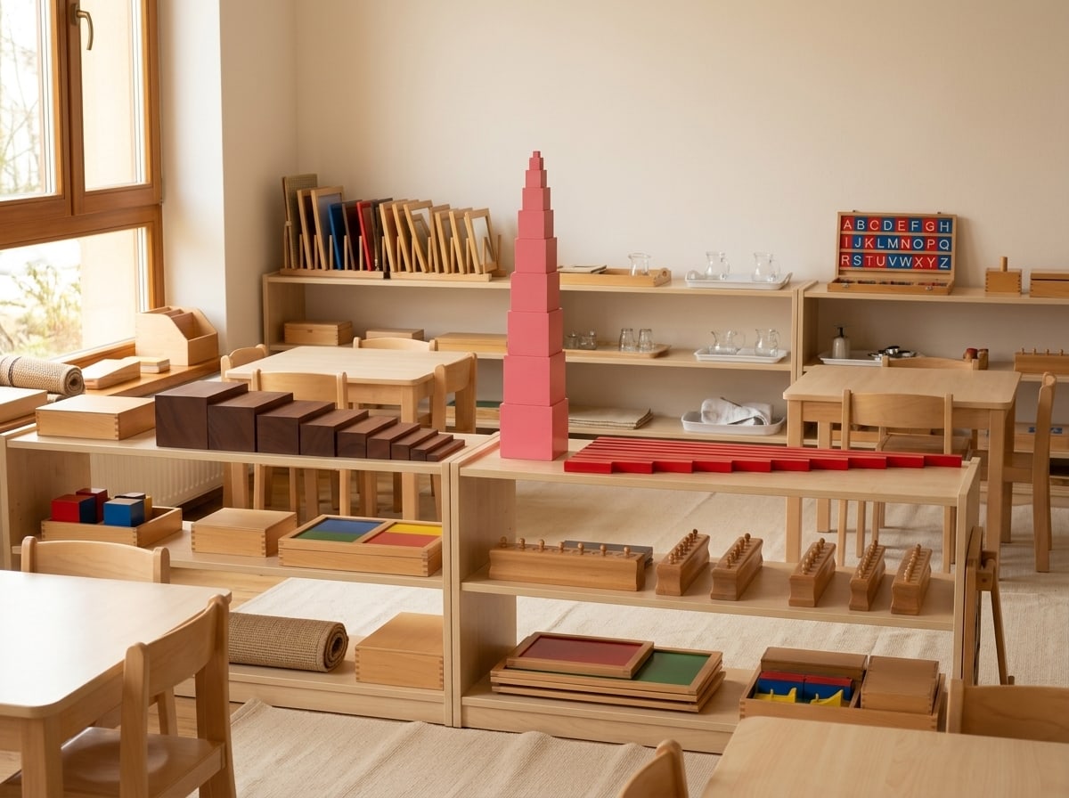Vizualizácia triedy vybavenej podľa balíka KOMPLET: nízke otvorené police s Montessori materiálom, stoly a stoličky v detskej výške.