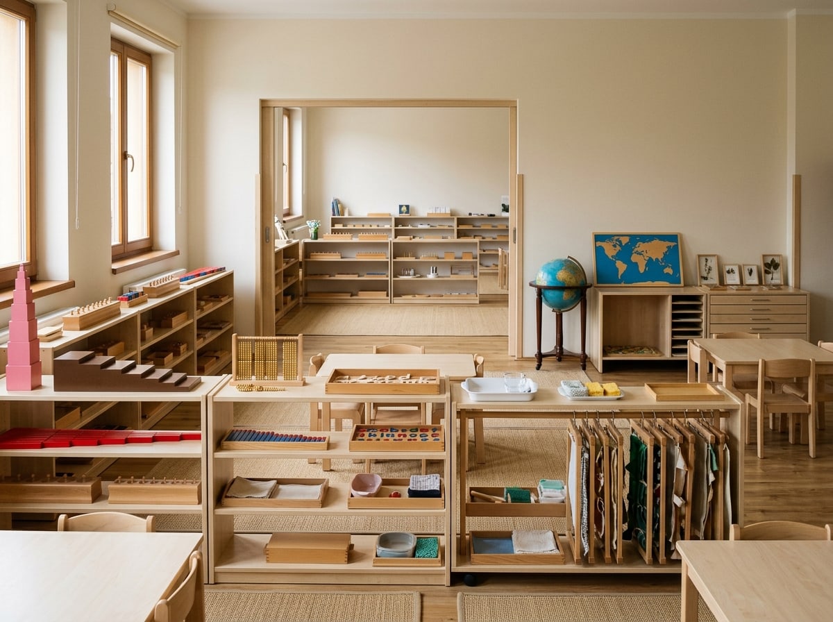 Vizualizácia triedy vybavenej podľa balíka KOMPLEXNY: nízke otvorené police s Montessori materiálom, stoly a stoličky v detskej výške.