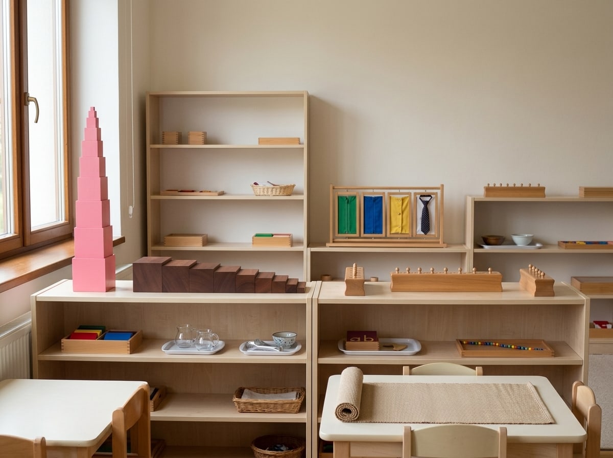 Vizualizácia triedy vybavenej podľa balíka START: nízke otvorené police s Montessori materiálom, stoly a stoličky v detskej výške.