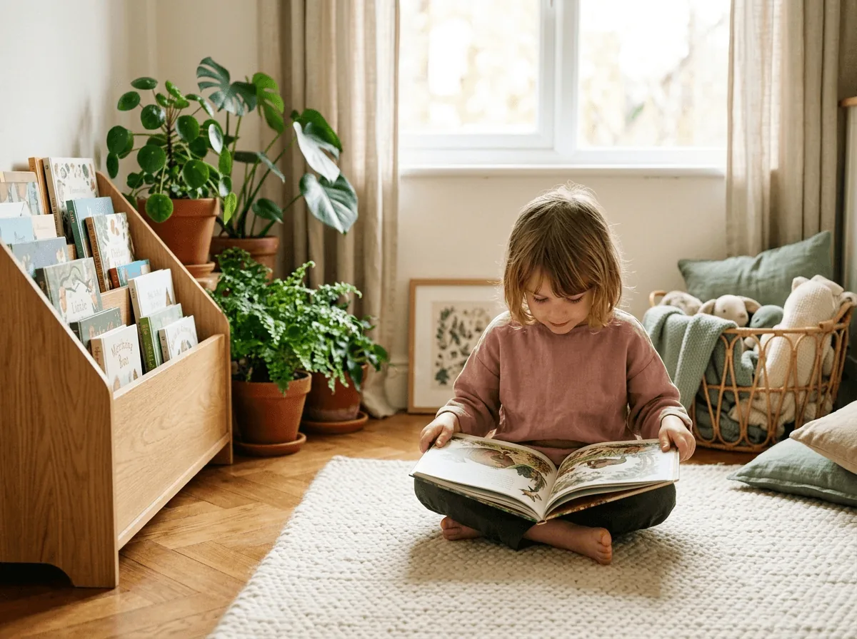 Dieťa číta v čitateľskom kútiku Montessori triedy