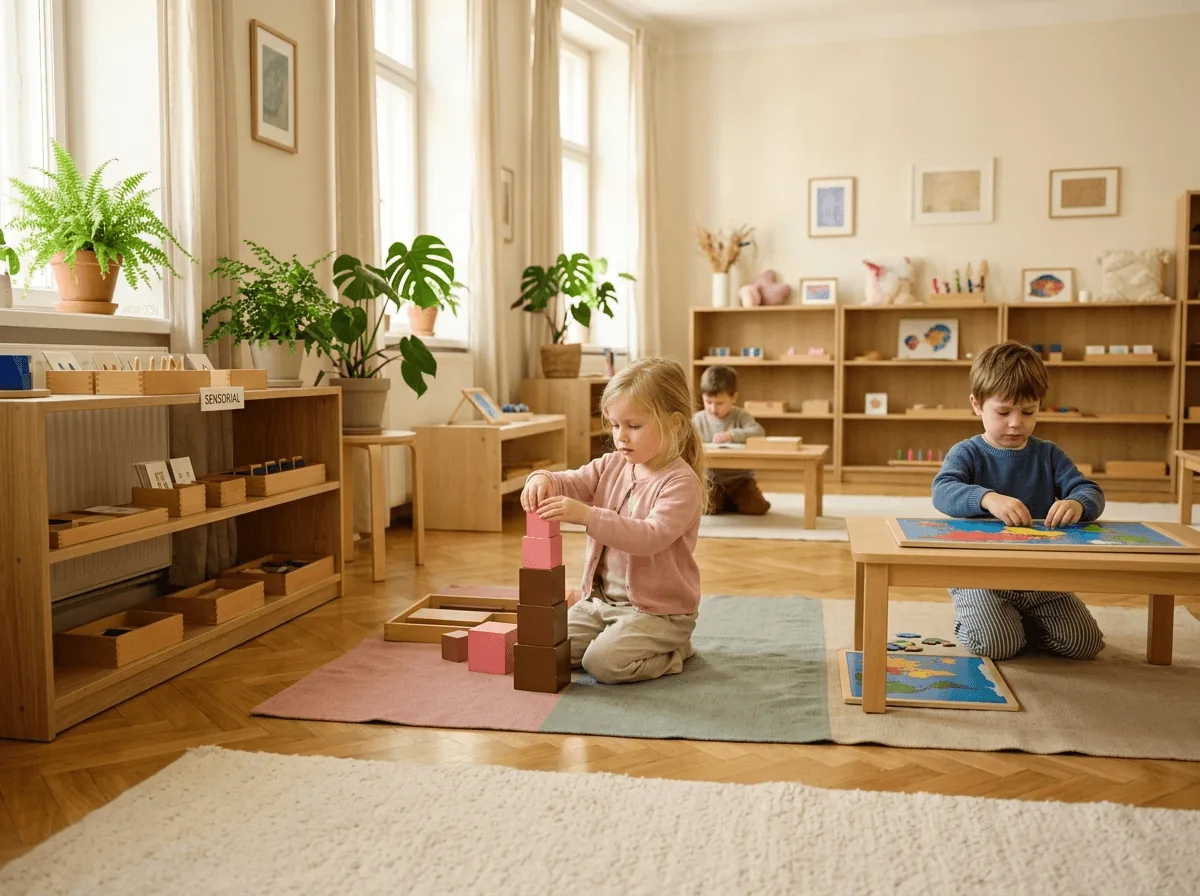 Deti pracujúce s Montessori pomôckami v novej triede materskej školy