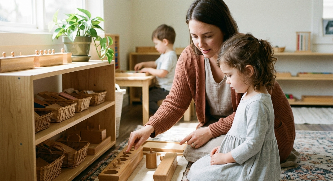 Sprievodkyňa jemne predstavuje Montessori pomôcku dieťaťu