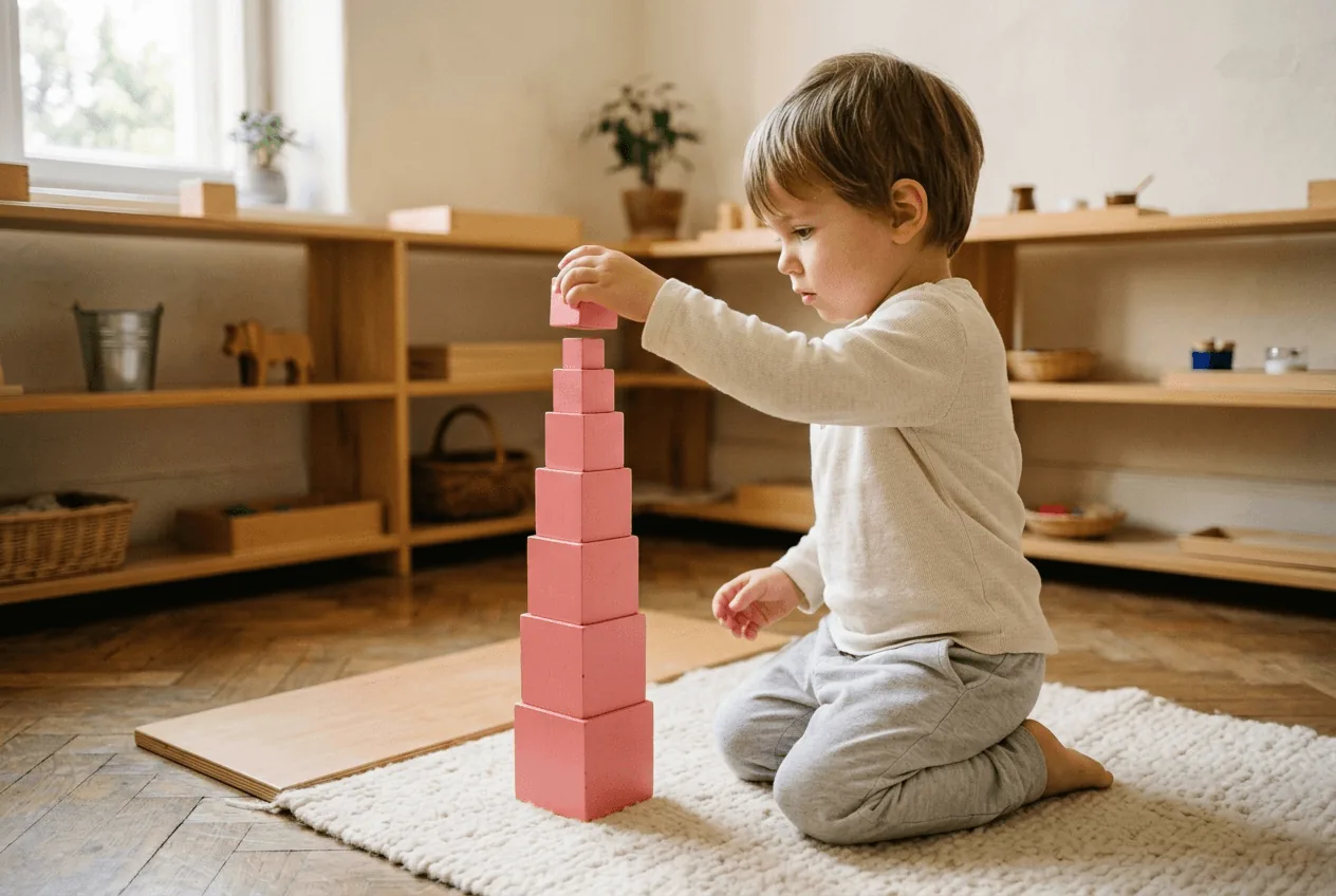 Dieťa stavia ružovú vežu v Montessori prostredí
