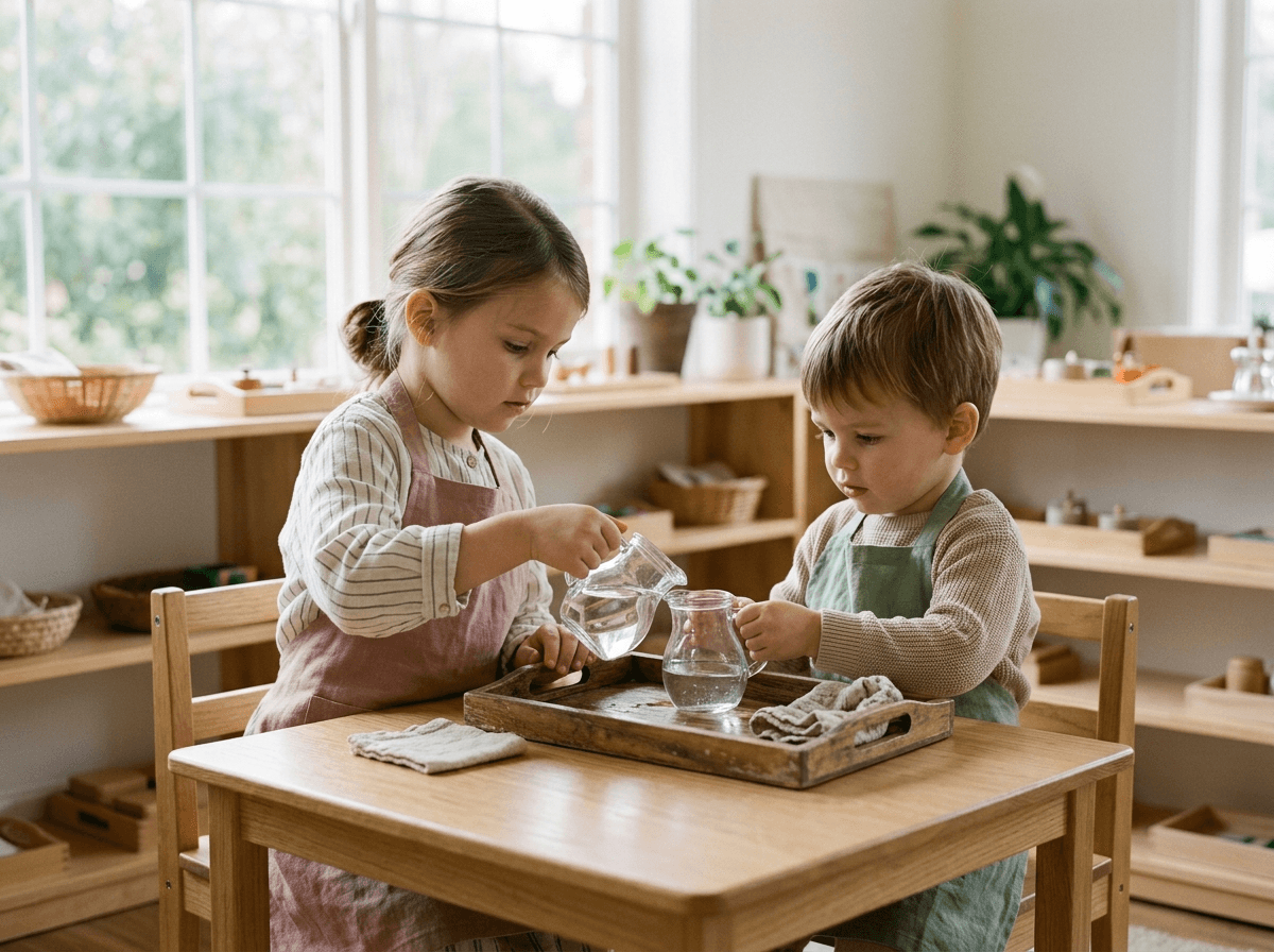 Dvě děti při praktickém Montessori cvičení